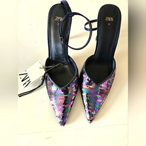 Zara NWT Multi Color Sequin 3in Heel Ankle Strap Shoe Airfit Foam SZ8 Party Prom